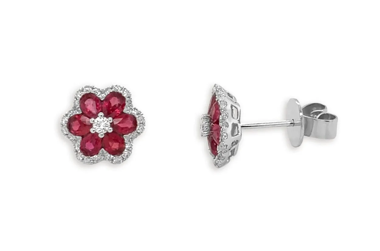 Earrings 18kt Gold Flowers with Rubies & Diamonds Studs