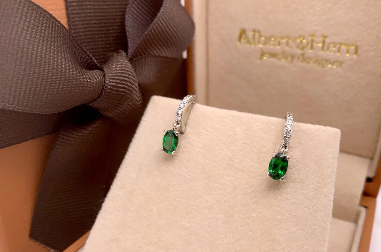 Earrings 18kt Gold Huggies Tsavorite Drop & Diamonds