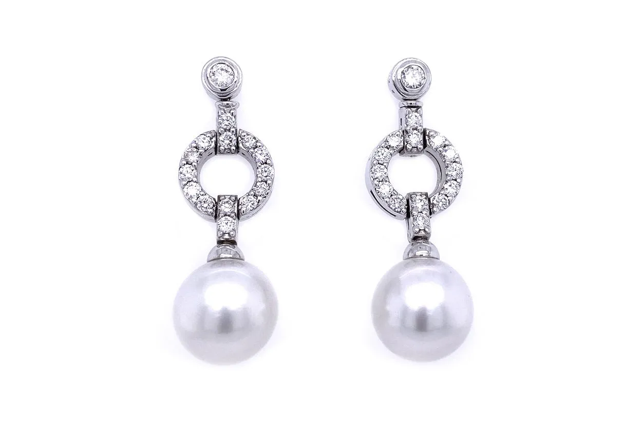 Earrings 18kt Gold Long South Sea Pearls & Diamonds