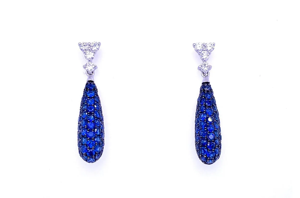 Earrings 18kt Gold Long Tear Blue Sapphires & Diamonds