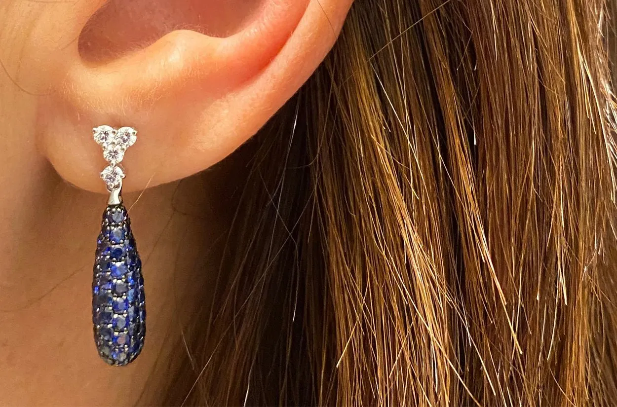 Earrings 18kt Gold Long Tear Blue Sapphires & Diamonds