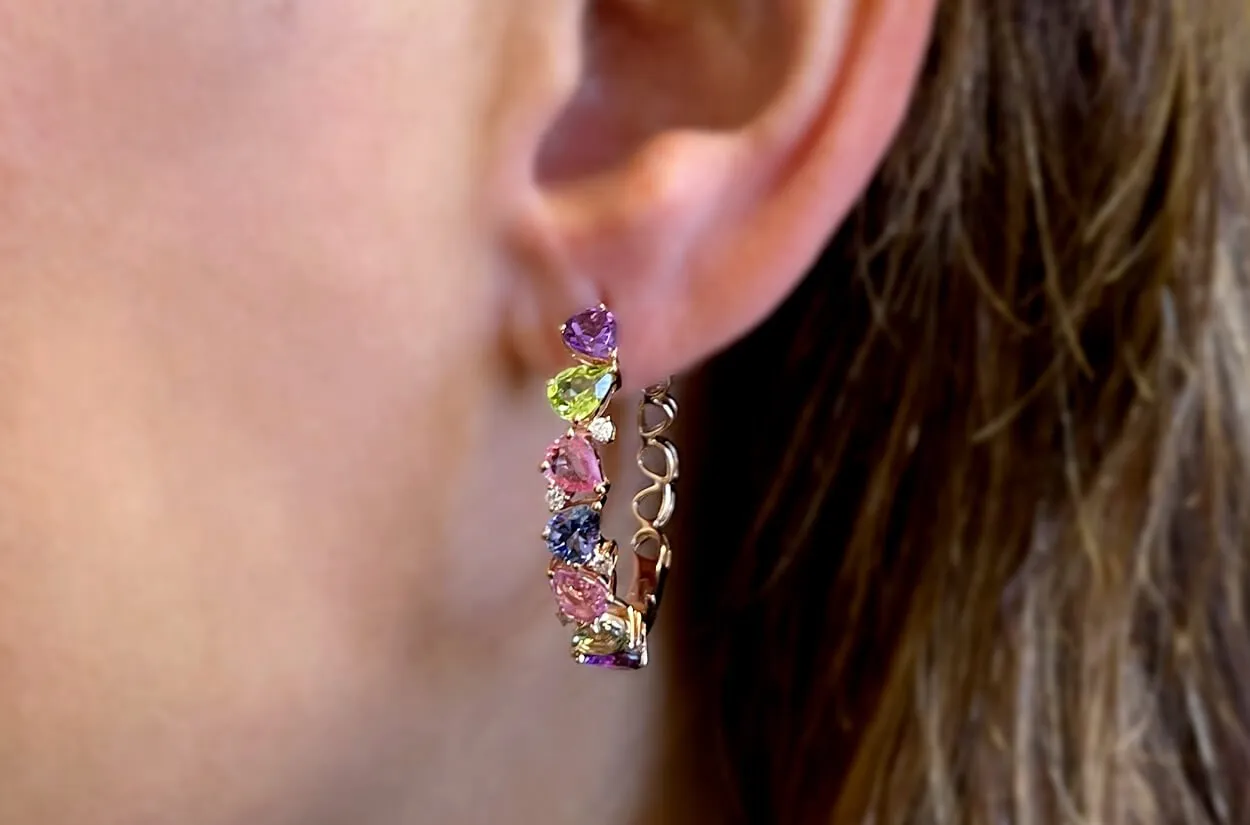 Earrings 18kt Gold Multicolor Pear Sapphires & Diamonds Hoops