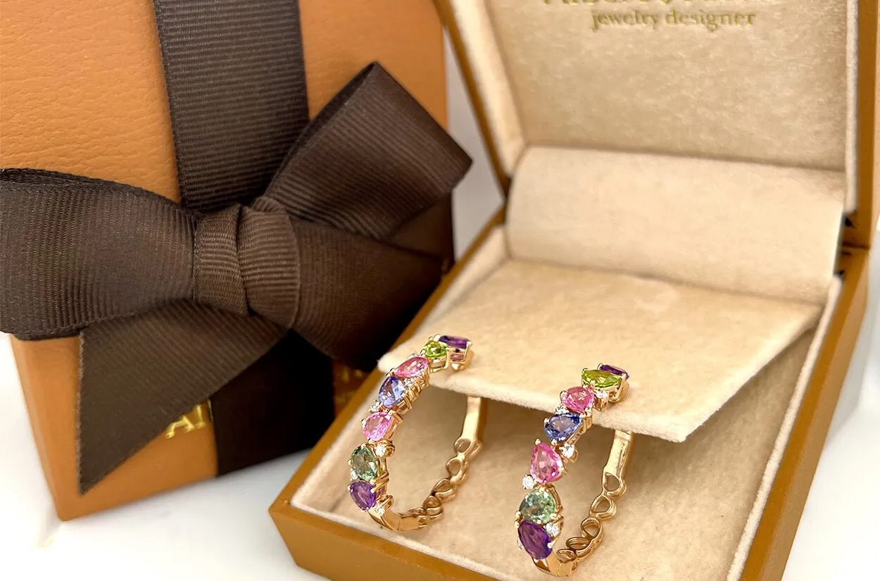 Earrings 18kt Gold Multicolor Pear Sapphires & Diamonds Hoops