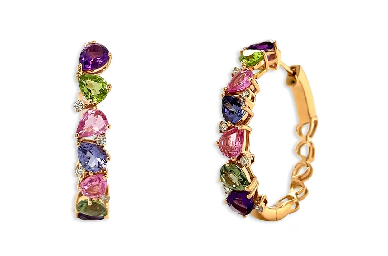 Earrings 18kt Gold Multicolor Pear Sapphires & Diamonds Hoops