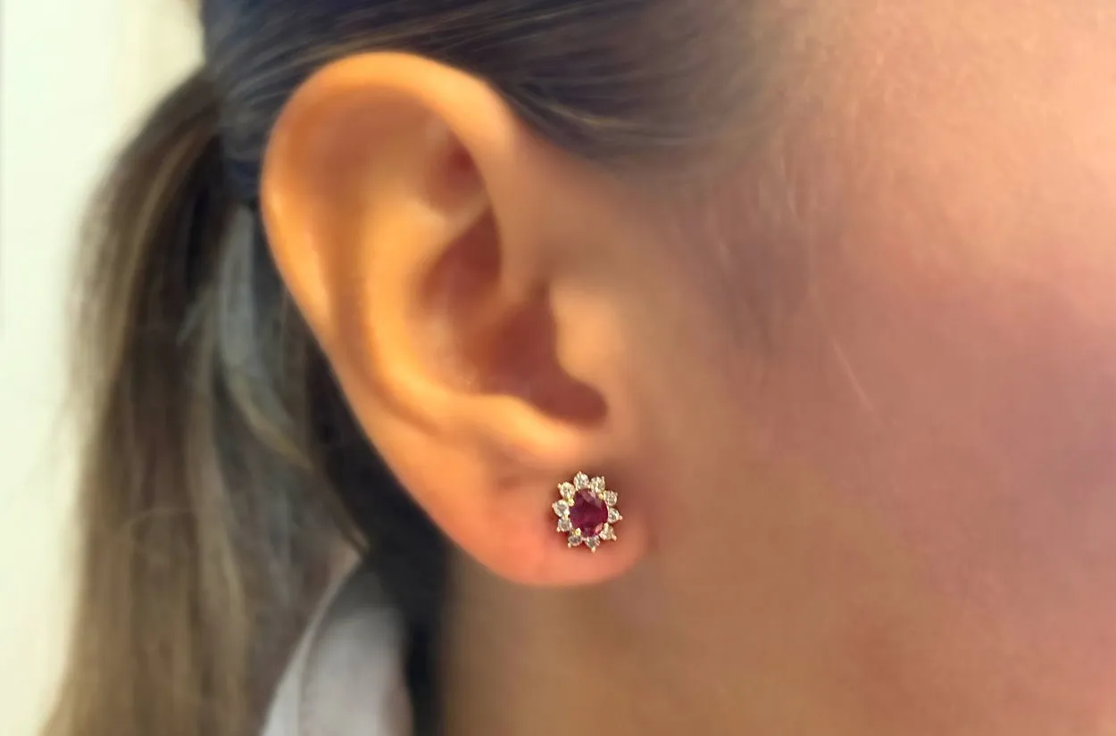 Earrings 18kt Gold Oval Ruby & Round Diamonds