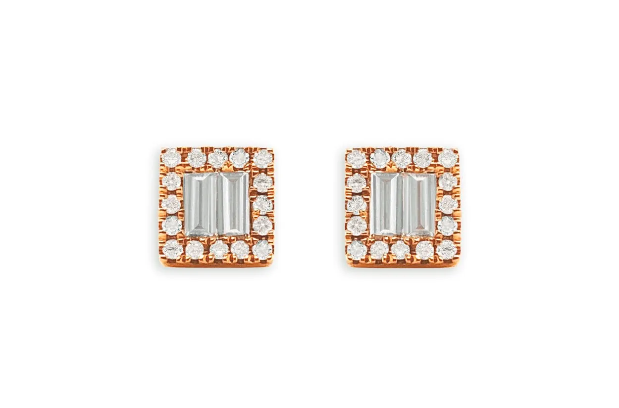 Earrings 18kt Gold Square Illusion Baguettes & Rounds Diamonds Studs