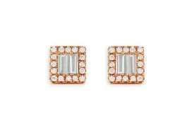 Earrings 18kt Gold Square Illusion Baguettes & Rounds Diamonds Studs