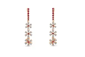 Earrings 18kt Rose Gold Diamonds and Rubies Flowers Drops