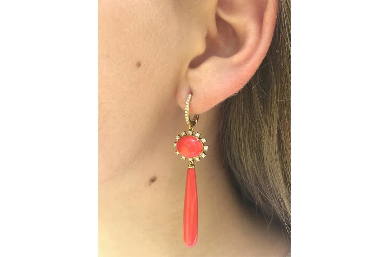 Earrings Long Coral & Diamonds