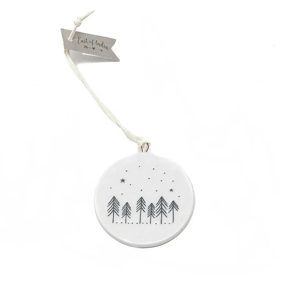 East of India Ceramic Disc with Fir Trees Flat Bauble