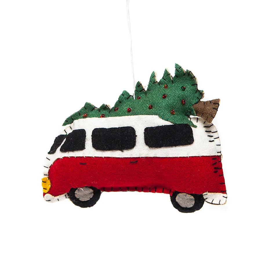 Felt Camper Van Christmas Ornament with Tree Hanging Design - Festive Holiday Decoration from Shoeless Joe