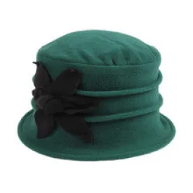 Fleece Cloche Hat with Black Flower ~ Green