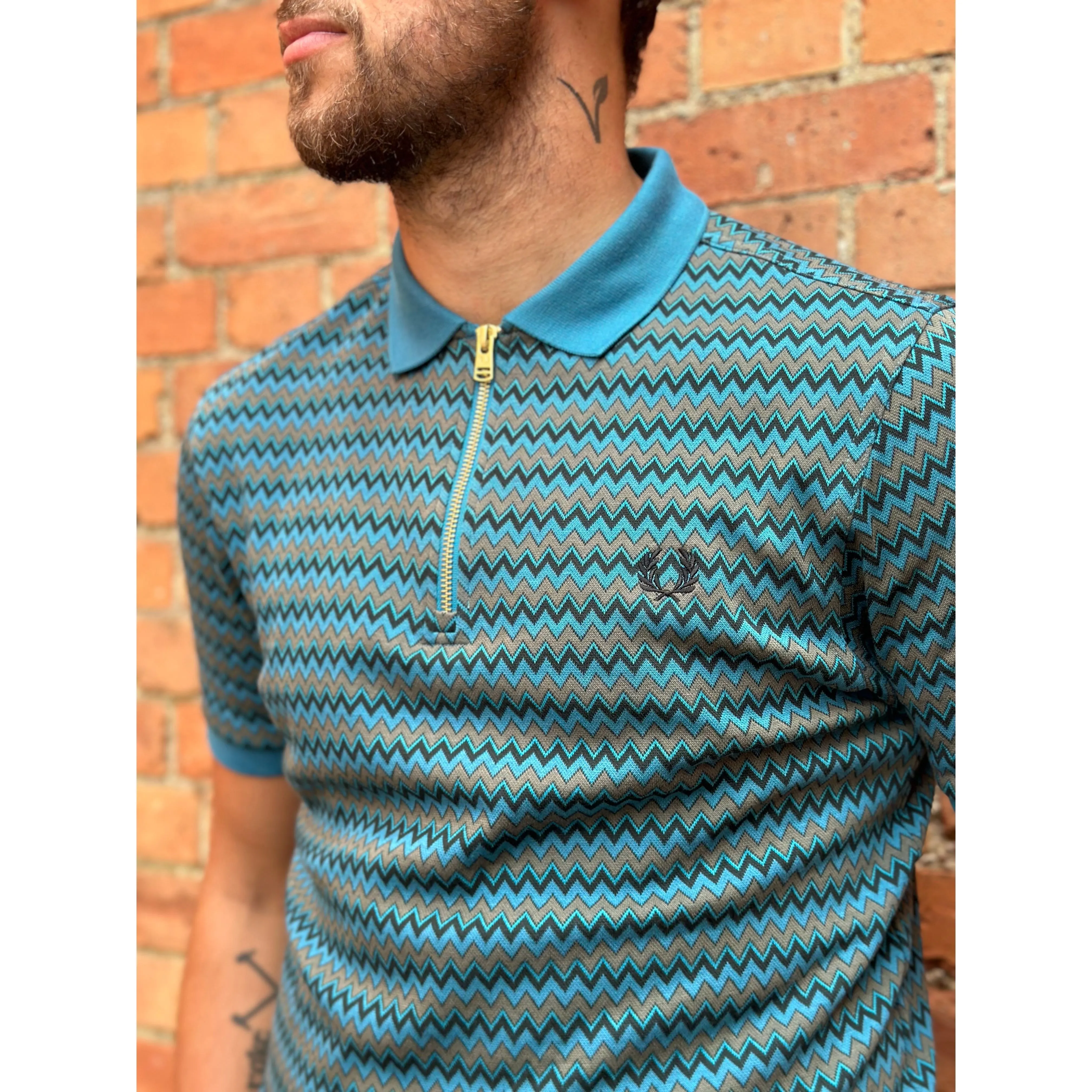 Fred Perry - M8528 Jacquard Night Green Zip Neck - Polo Shirt