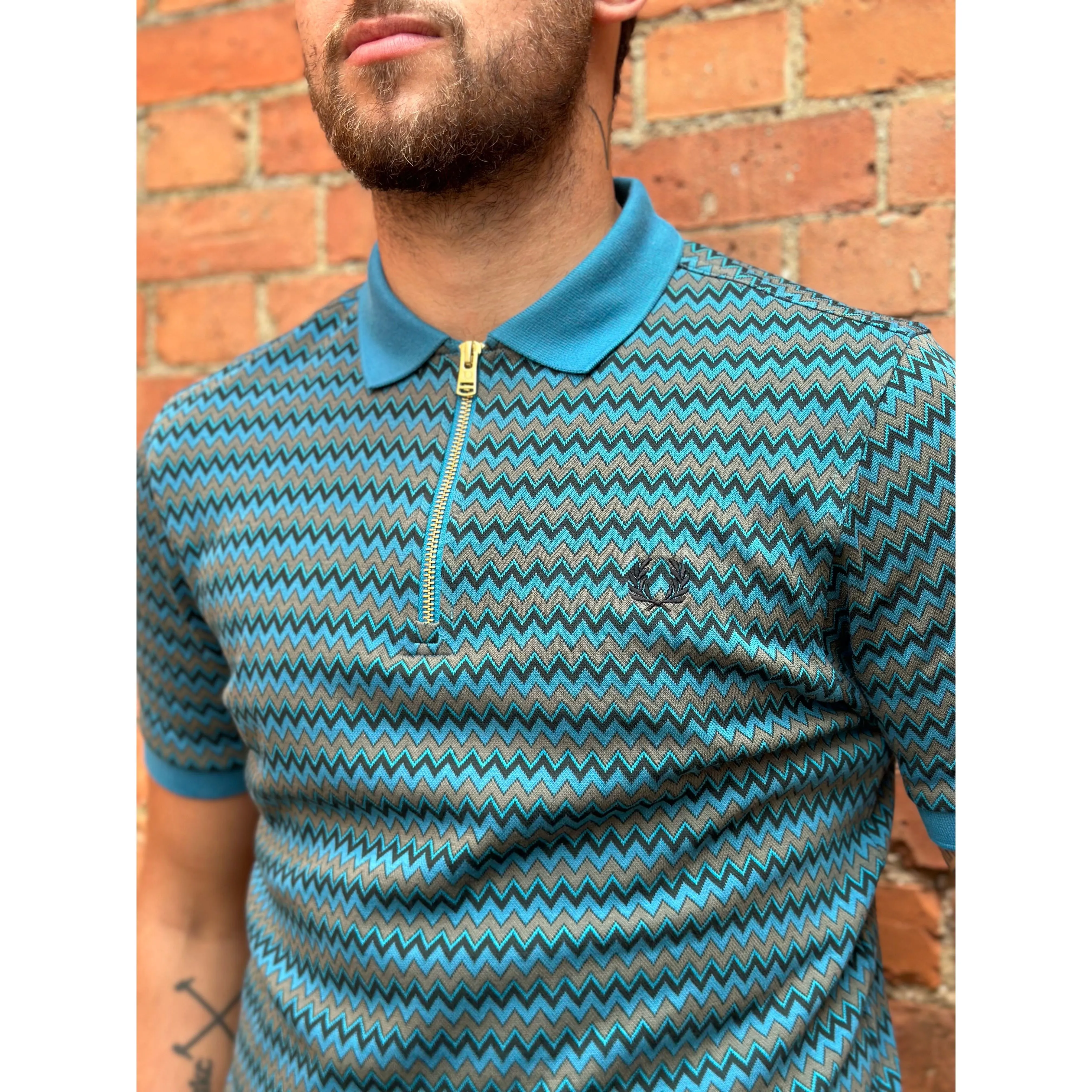 Fred Perry - M8528 Jacquard Night Green Zip Neck - Polo Shirt