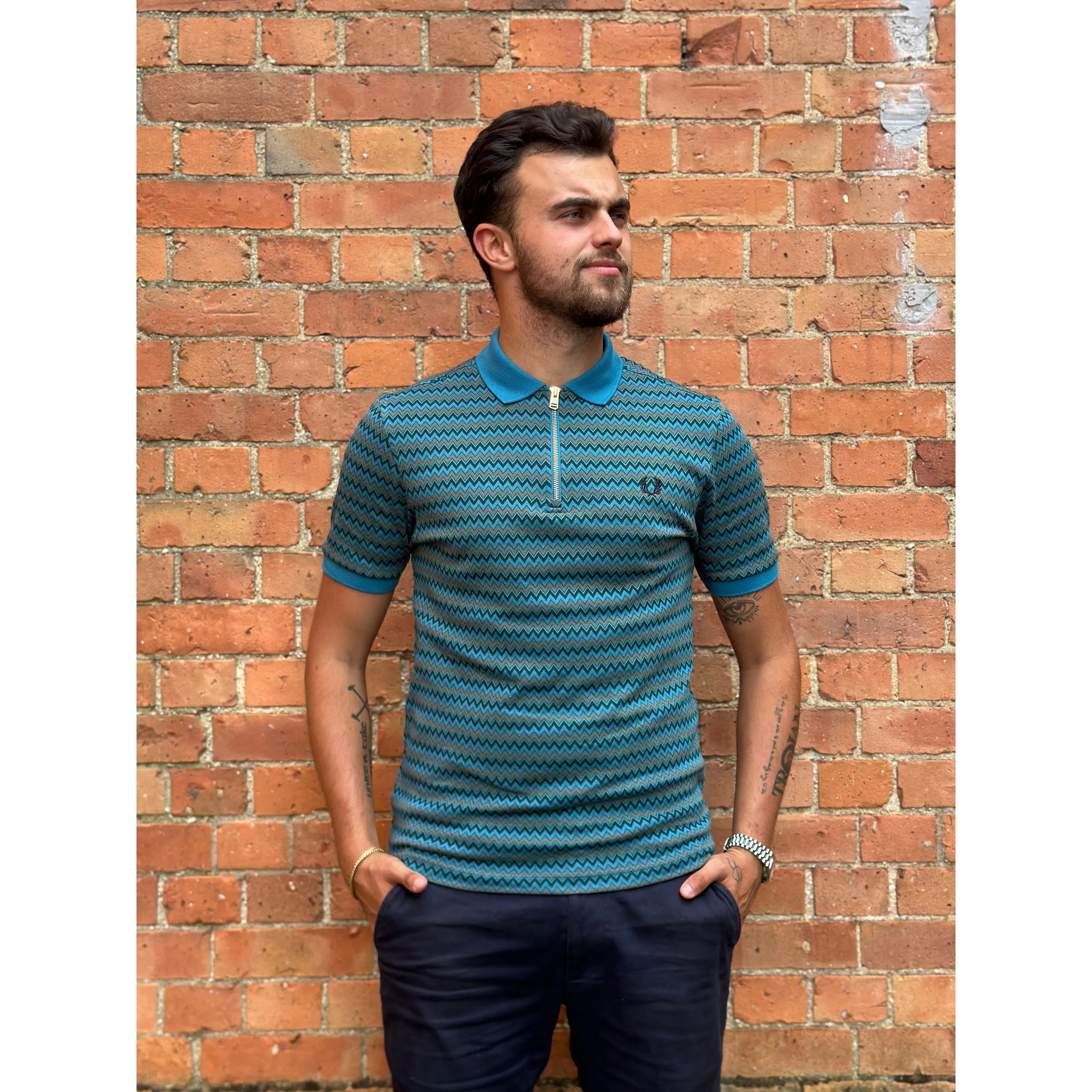 Fred Perry - M8528 Jacquard Night Green Zip Neck - Polo Shirt