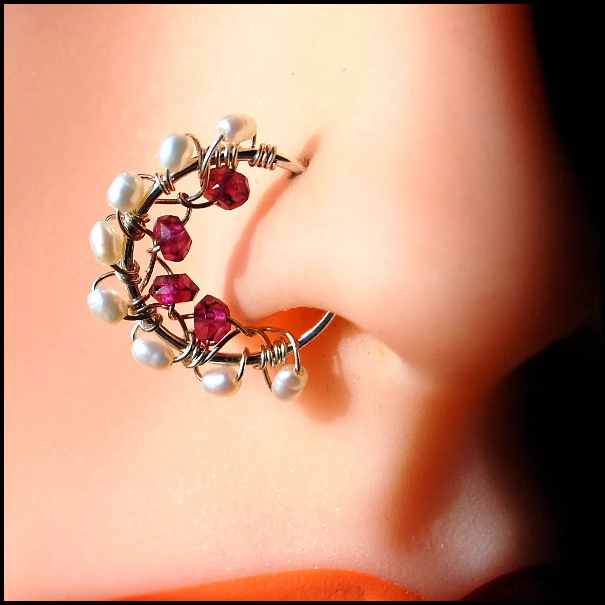 Garnet and Pearl Silver Nose Ring