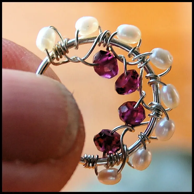 Garnet and Pearl Silver Nose Ring