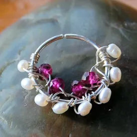 Garnet and Pearl Silver Nose Ring