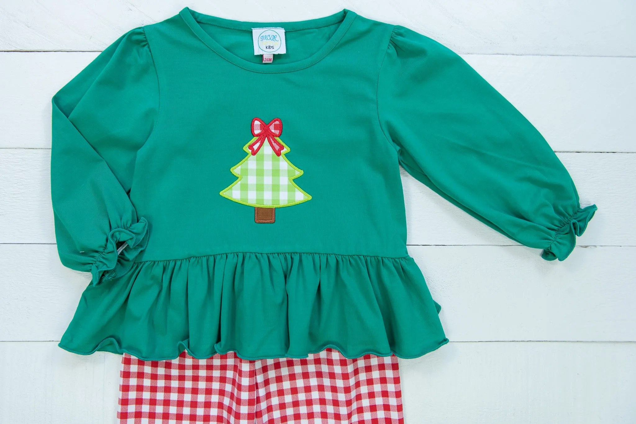 Girls Applique Christmas Tree Pants Set