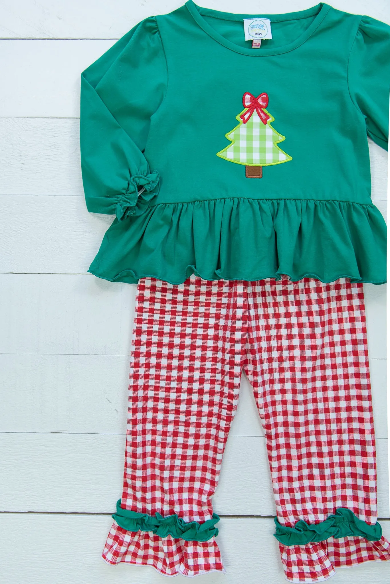 Girls Applique Christmas Tree Pants Set