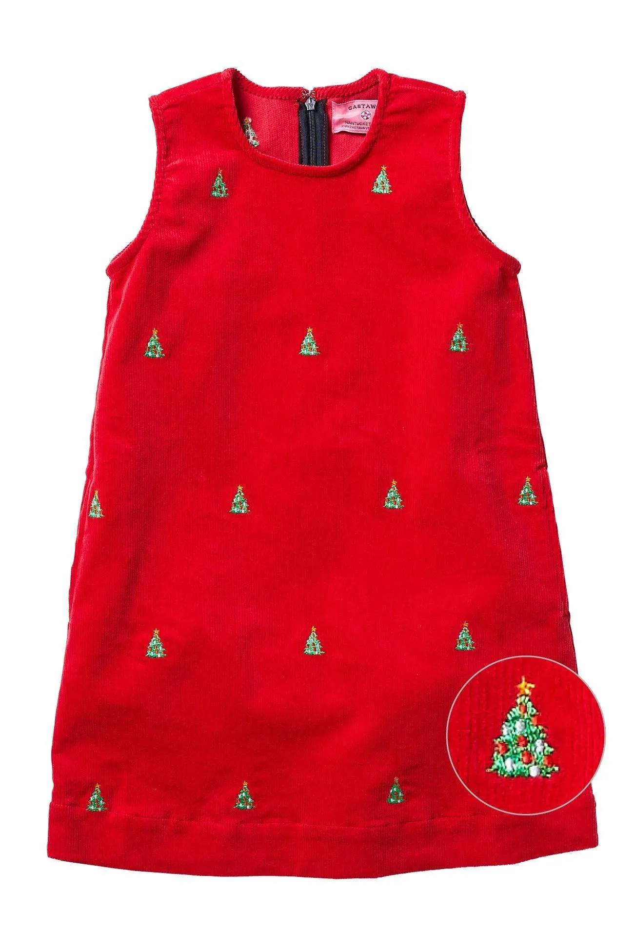 Girls Shift Dress Corduroy Crimson with Christmas Tree