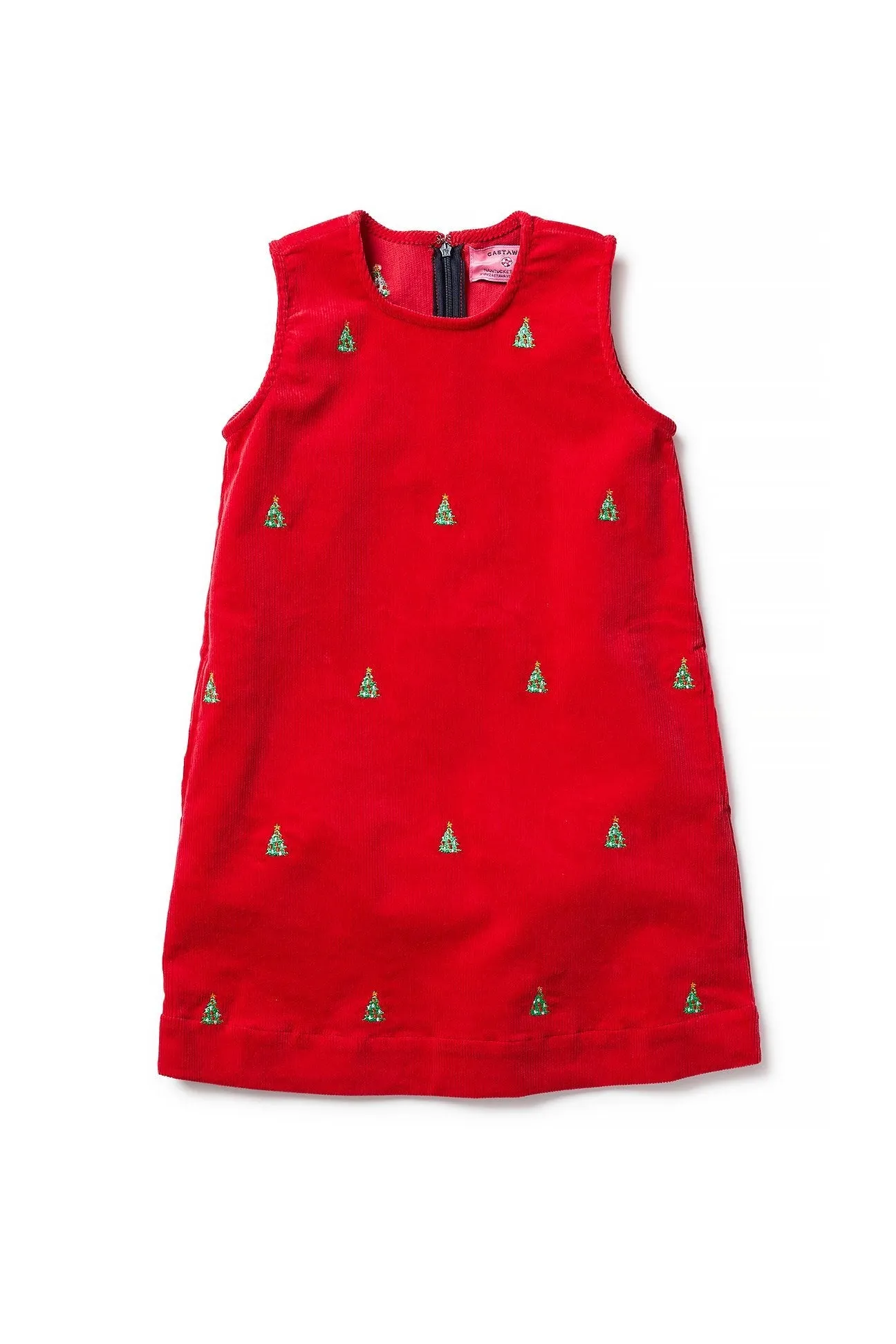 Girls Shift Dress Corduroy Crimson with Christmas Tree