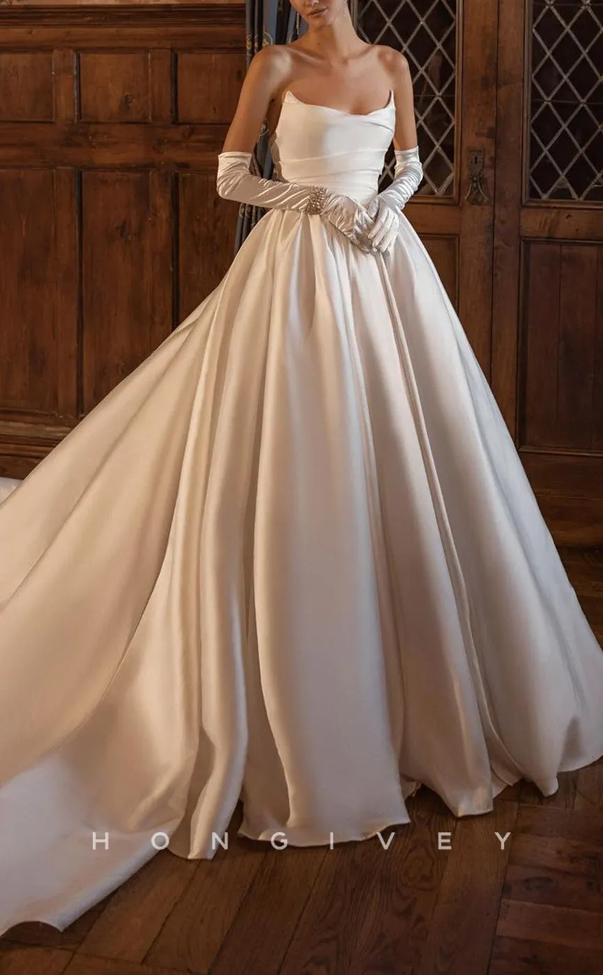 H1126 - Elegant Satin A-Link Bateau Strapless Ruched Gloves With Train Wedding Dress