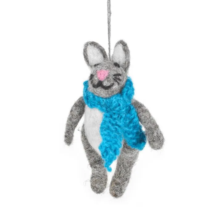 Handmade Felt Rabbit With Blue Scarf Hanging Decoration