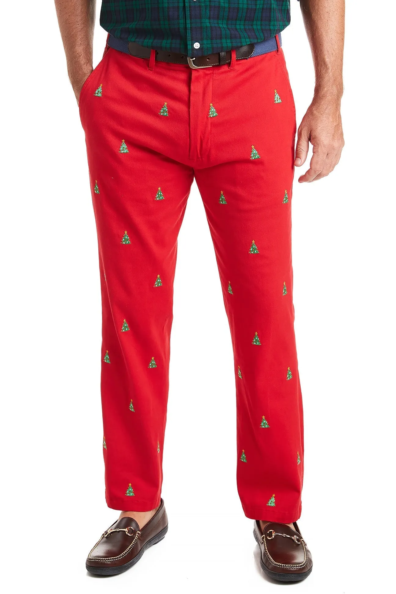 Harbor Pant Stretch Twill Bright Red with Christmas Tree