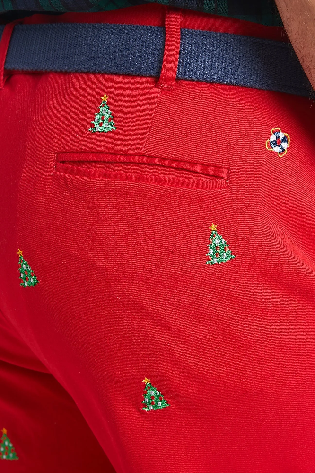 Harbor Pant Stretch Twill Bright Red with Christmas Tree