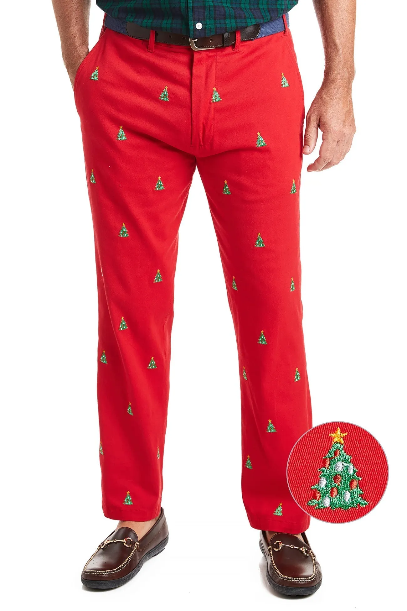 Harbor Pant Stretch Twill Bright Red with Christmas Tree