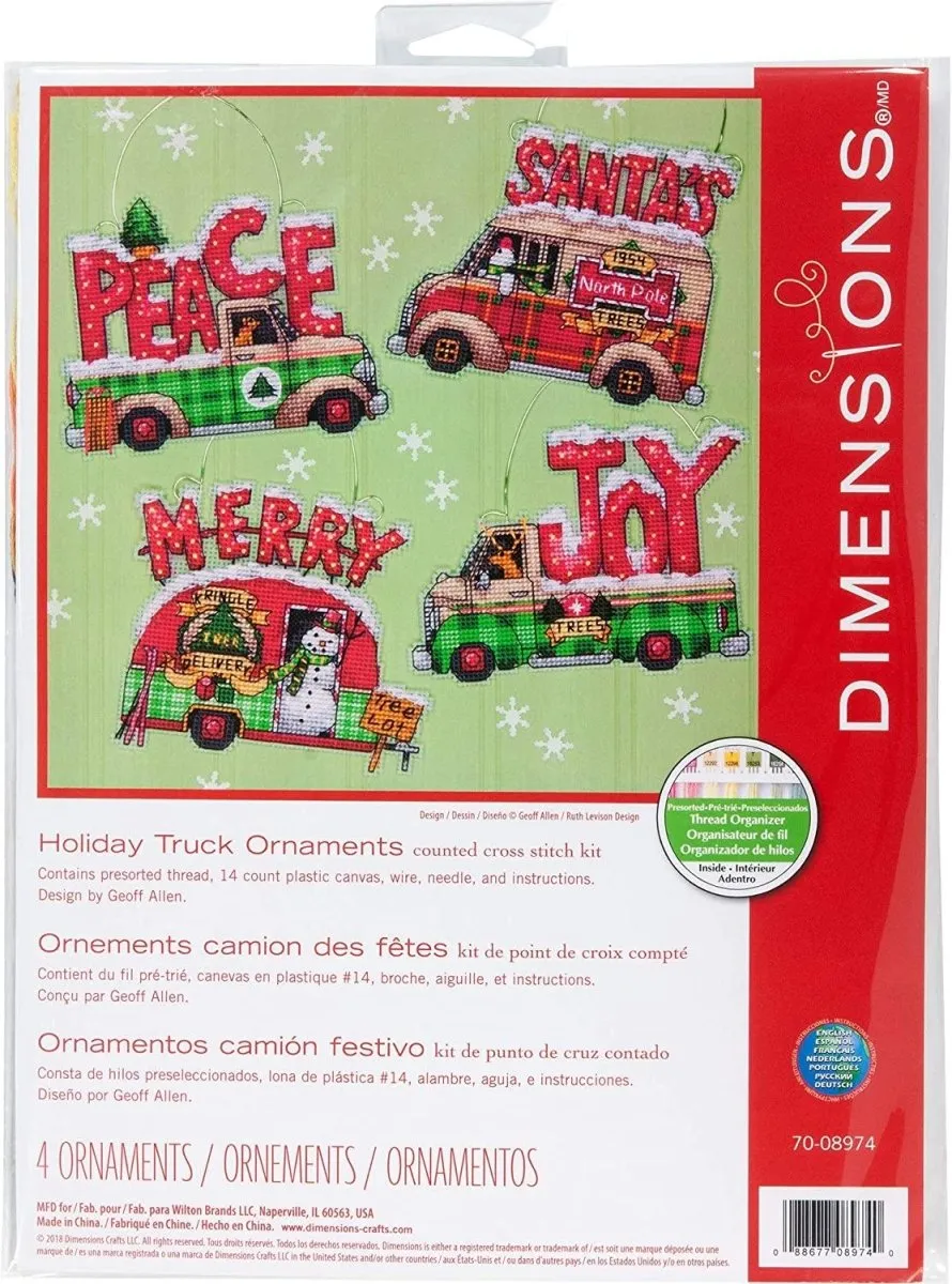 HOLIDAY TRUCK ORNAMENTS, Counted Cross Stitch Kit, 14 count clear plastic canvas, DIMENSIONS (70-08974)