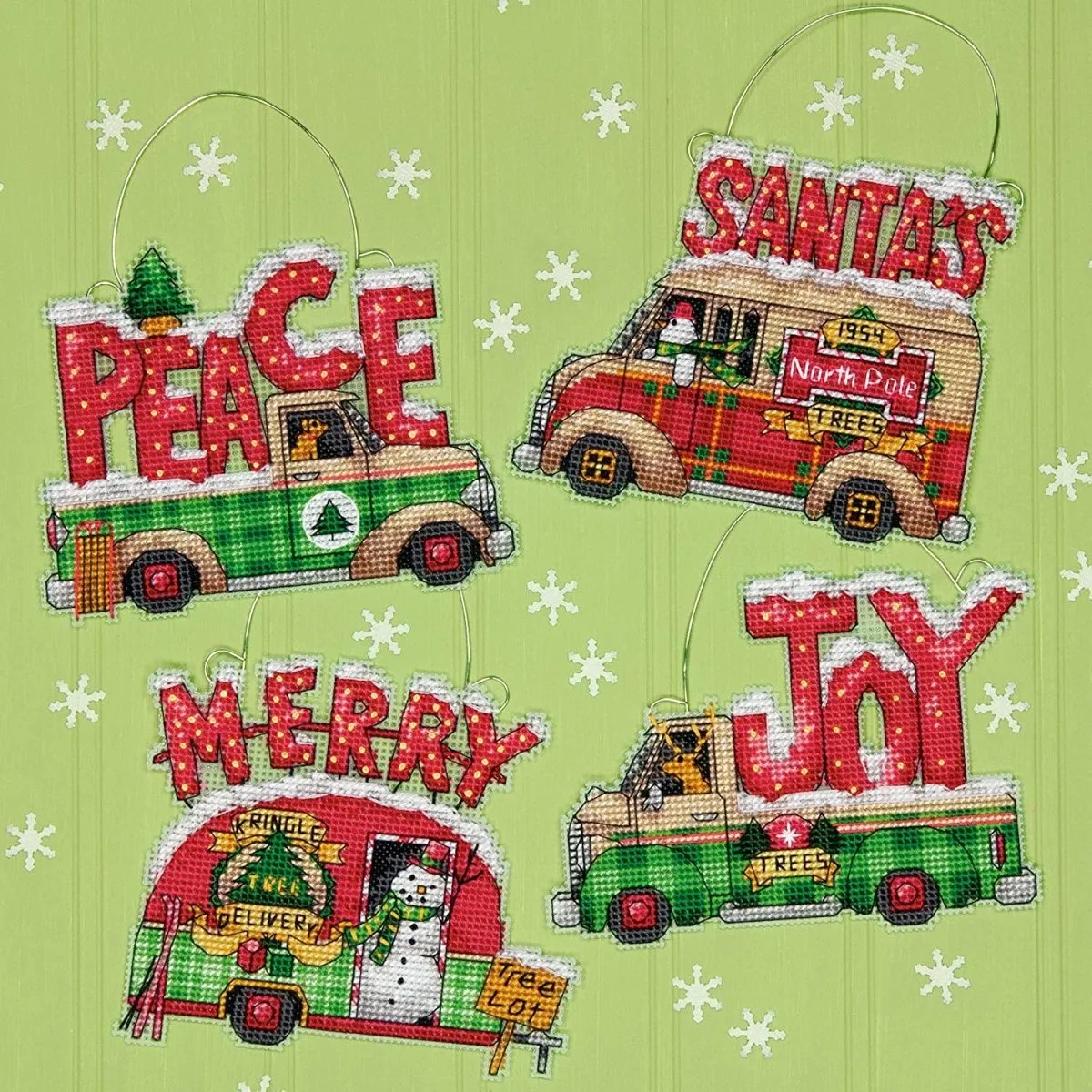 HOLIDAY TRUCK ORNAMENTS, Counted Cross Stitch Kit, 14 count clear plastic canvas, DIMENSIONS (70-08974)