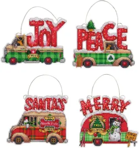 HOLIDAY TRUCK ORNAMENTS, Counted Cross Stitch Kit, 14 count clear plastic canvas, DIMENSIONS (70-08974)