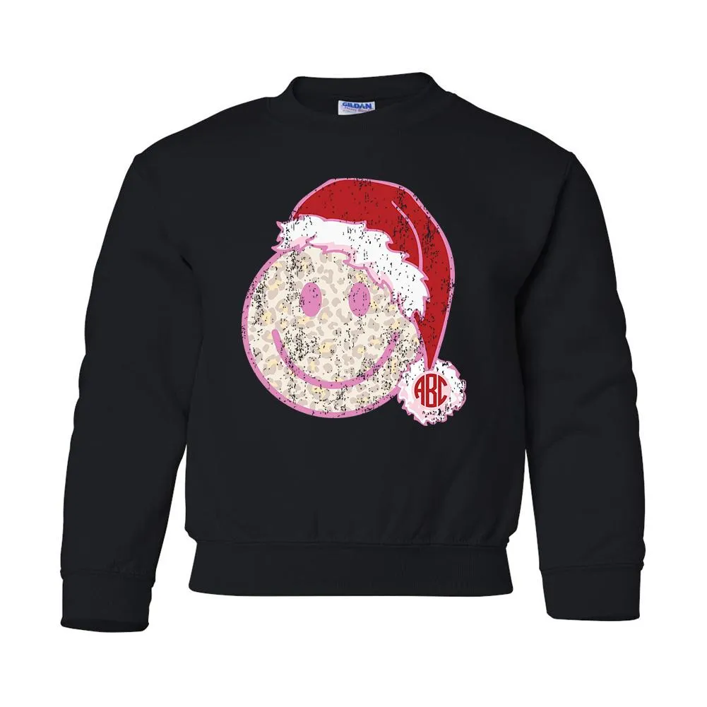 Kids Monogrammed 'Leopard Smiley Santa' Crewneck Sweatshirt