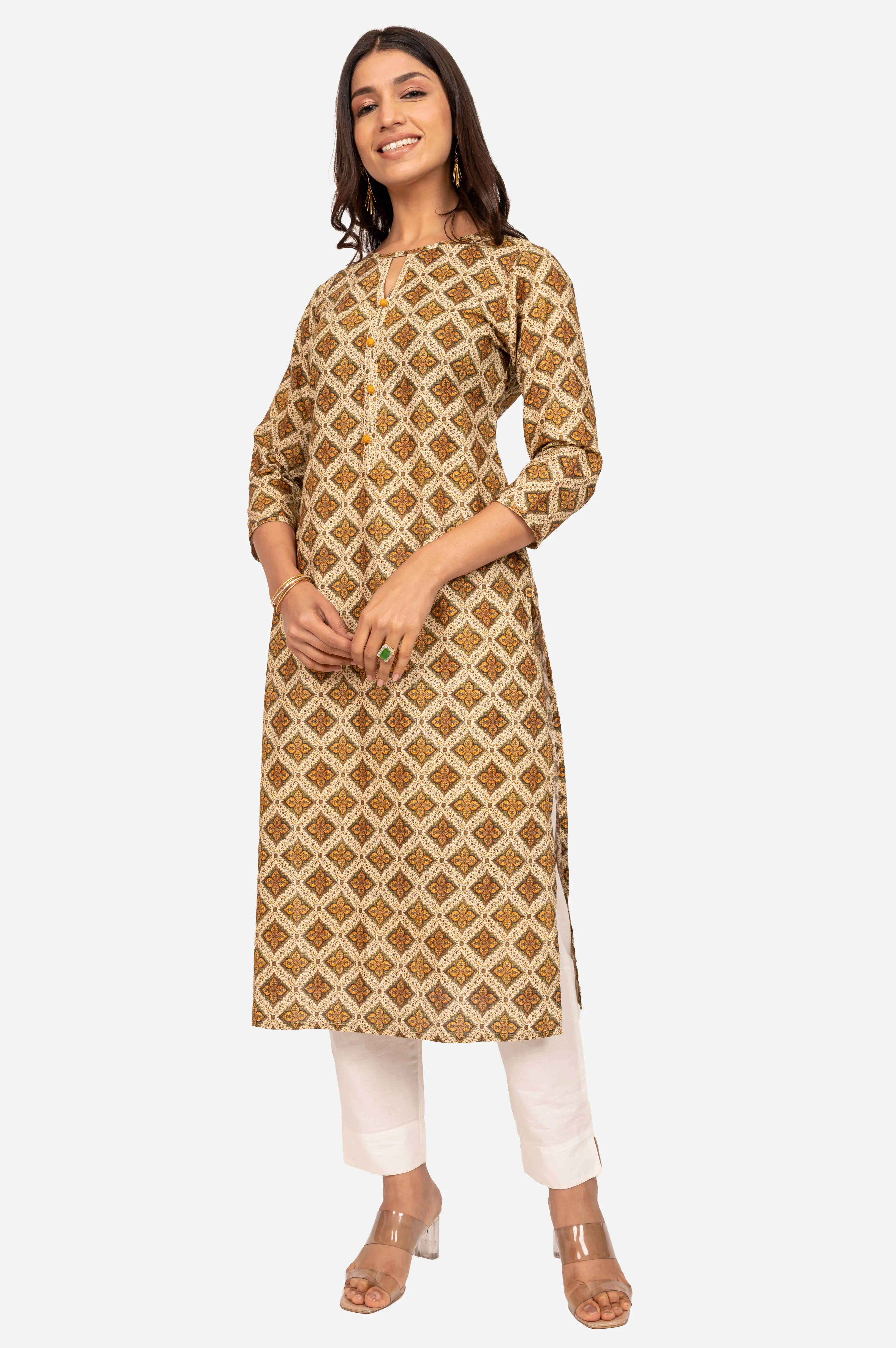 Lemon Yellow & Green Cotton Kurta