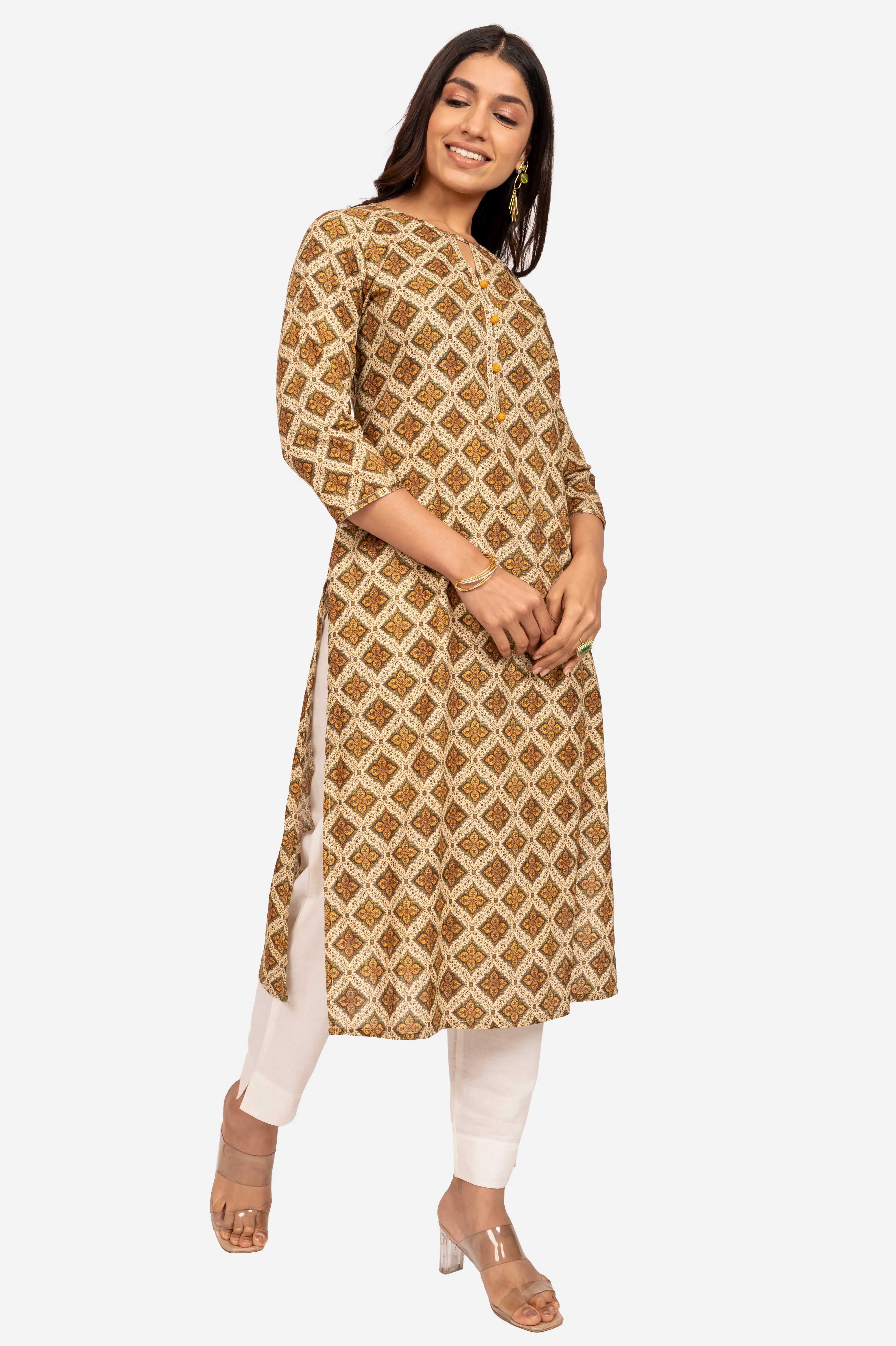 Lemon Yellow & Green Cotton Kurta