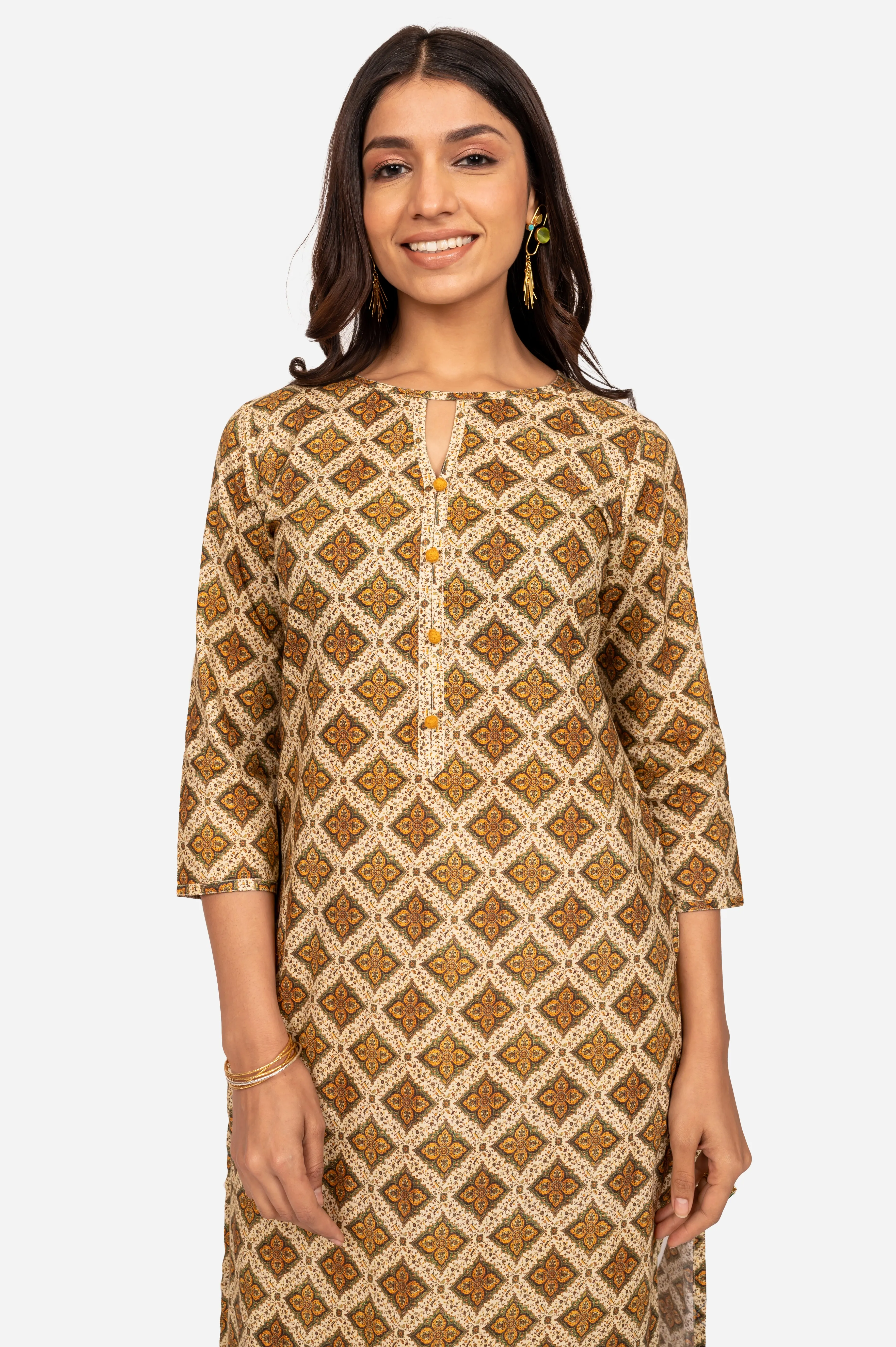 Lemon Yellow & Green Cotton Kurta