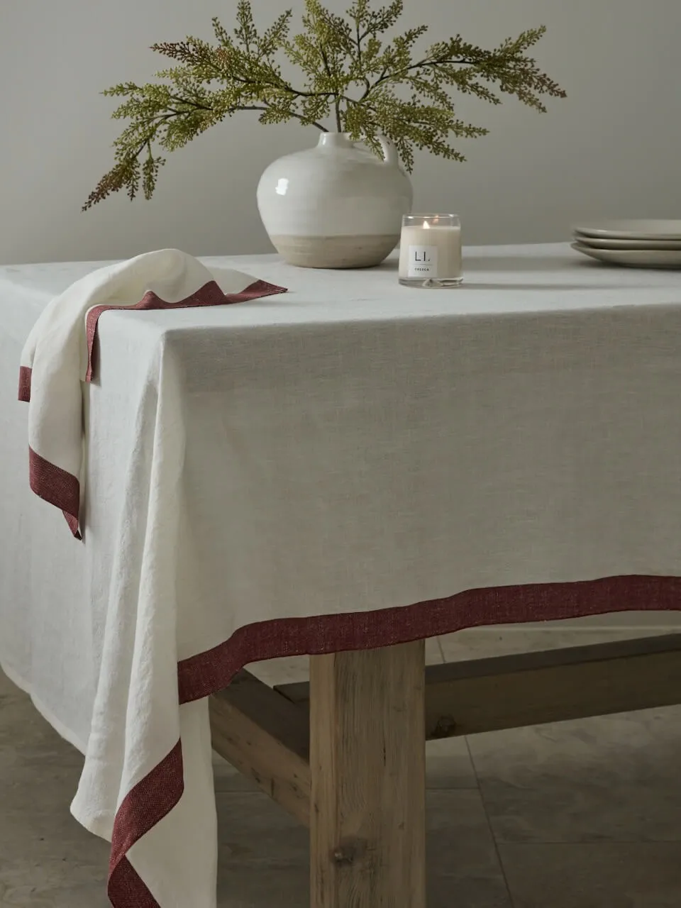 Linen Tablecloth with Burgundy Trim