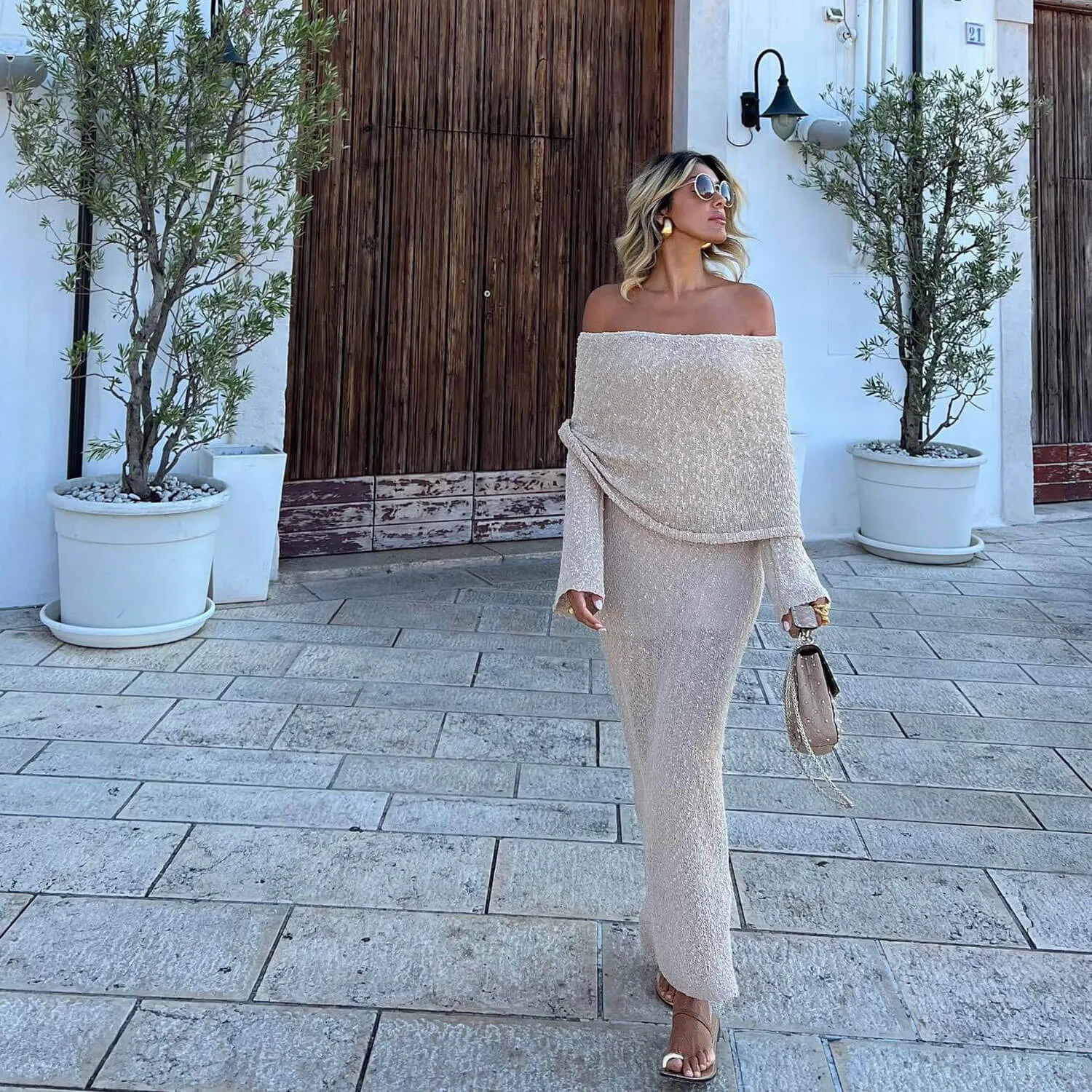 Sexy Draped Off The Shoulder Sheer Popcorn Boucle Knit Sweater Maxi Dress