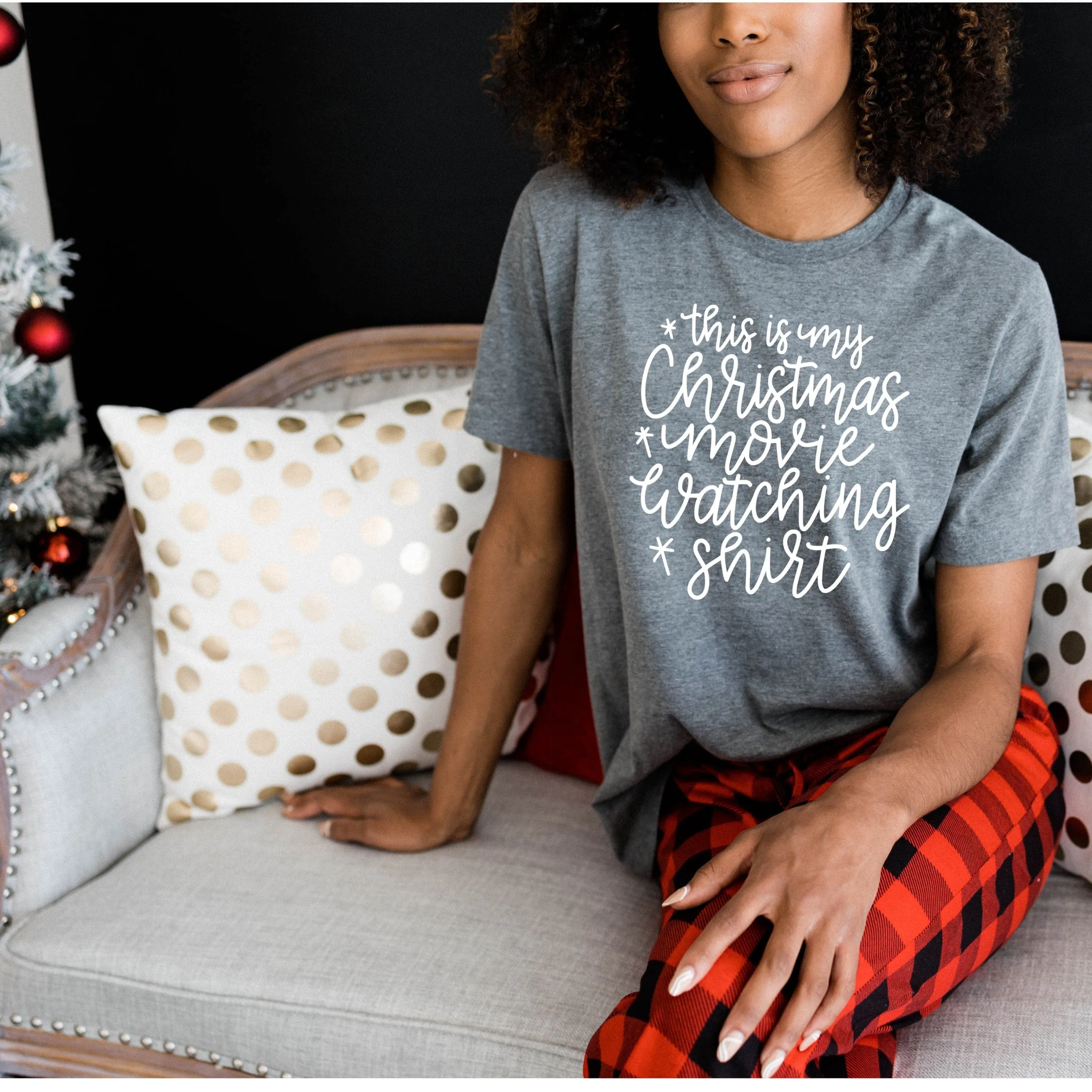 Short sleeve holiday t-shirt with quote Christmas movie watching Tee