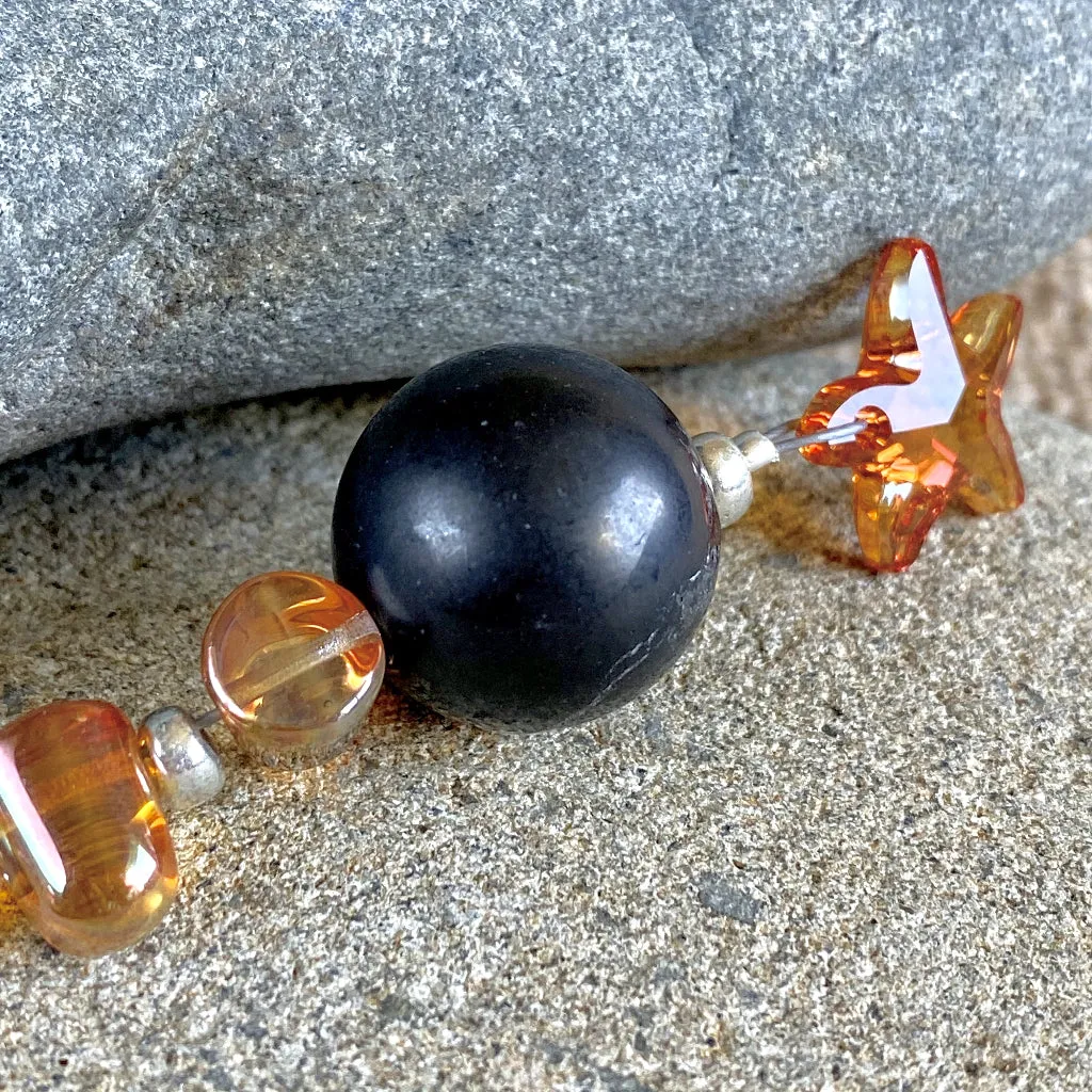 Shungite Ornament w/Sparkly Orange Swarovski Star, Gumdrop Beads