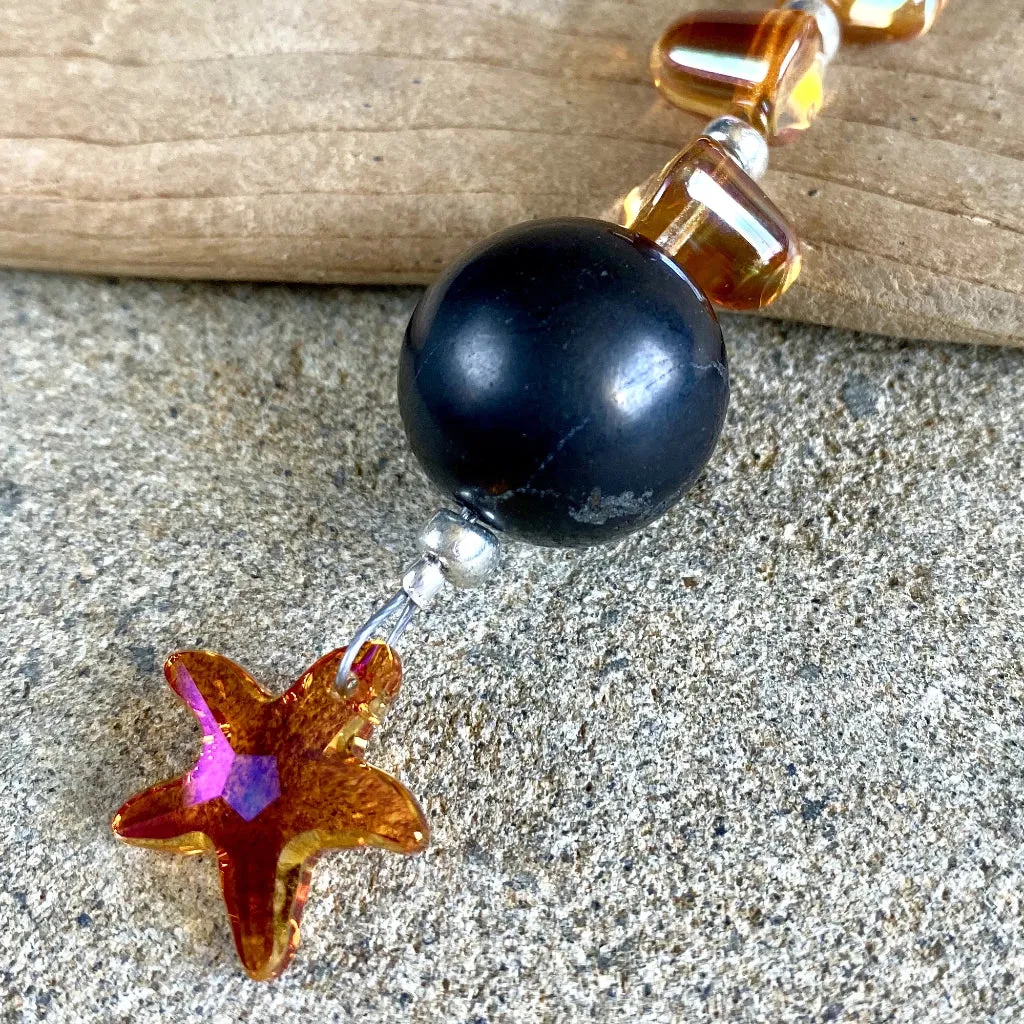 Shungite Ornament w/Sparkly Orange Swarovski Star, Gumdrop Beads