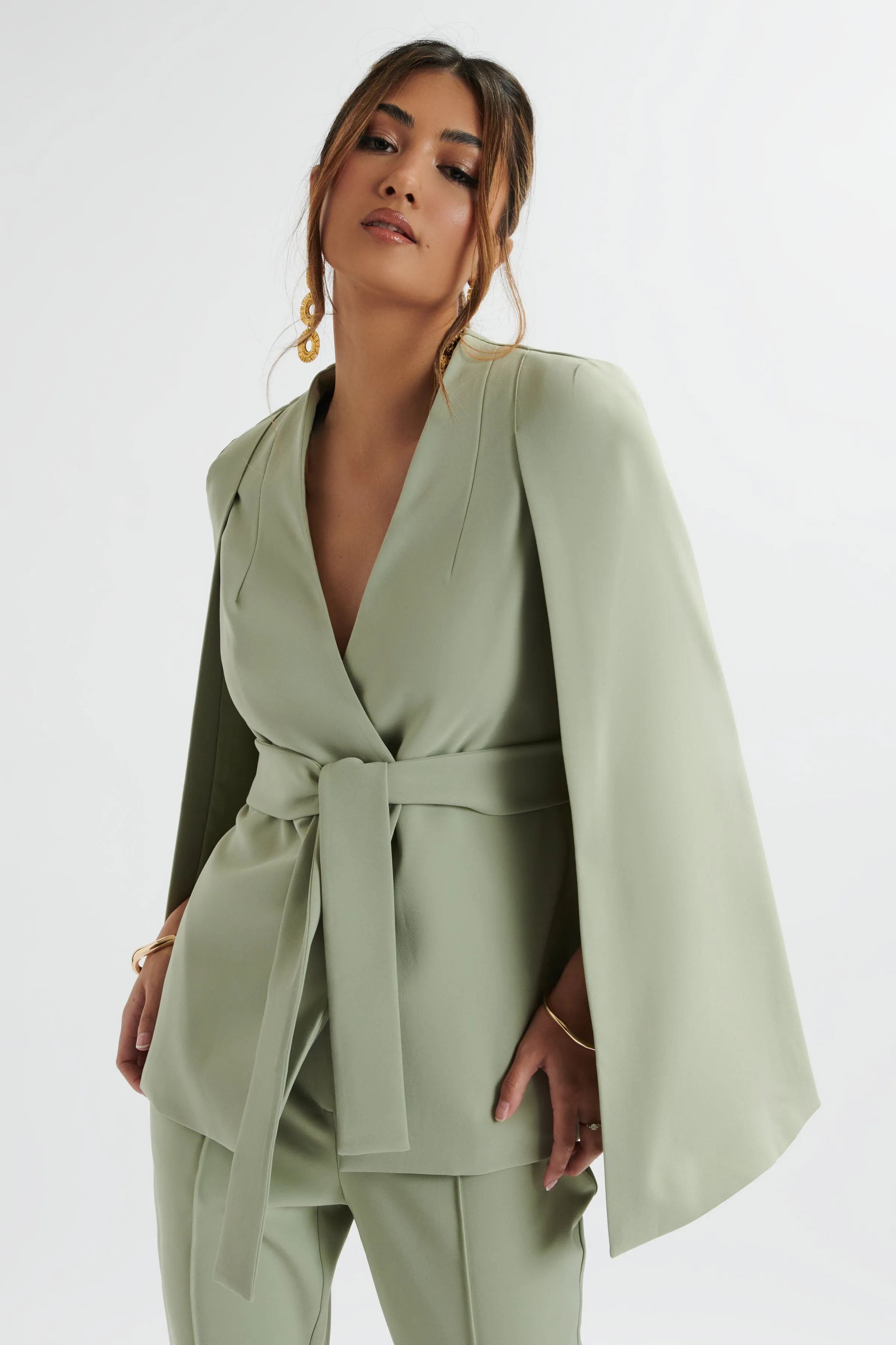 SKYE Belted Cape Blazer Jacket In Sage Green