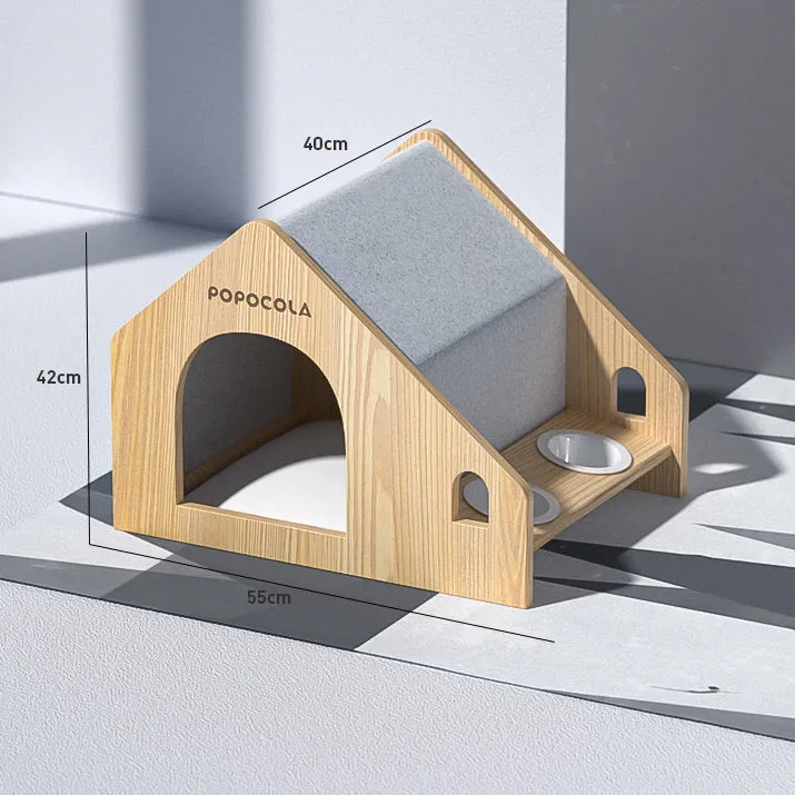 Solid Wood Pet House with Feeding Bowls