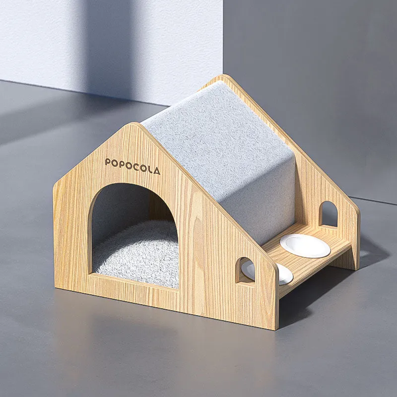 Solid Wood Pet House with Feeding Bowls