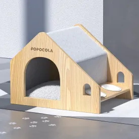 Solid Wood Pet House with Feeding Bowls