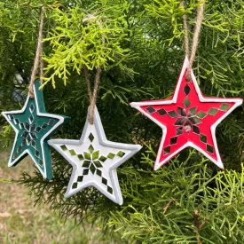 Star Shaped Handcrafted Mud & Mirrors Lippan Christmas Tree Ornaments (Set of 3)