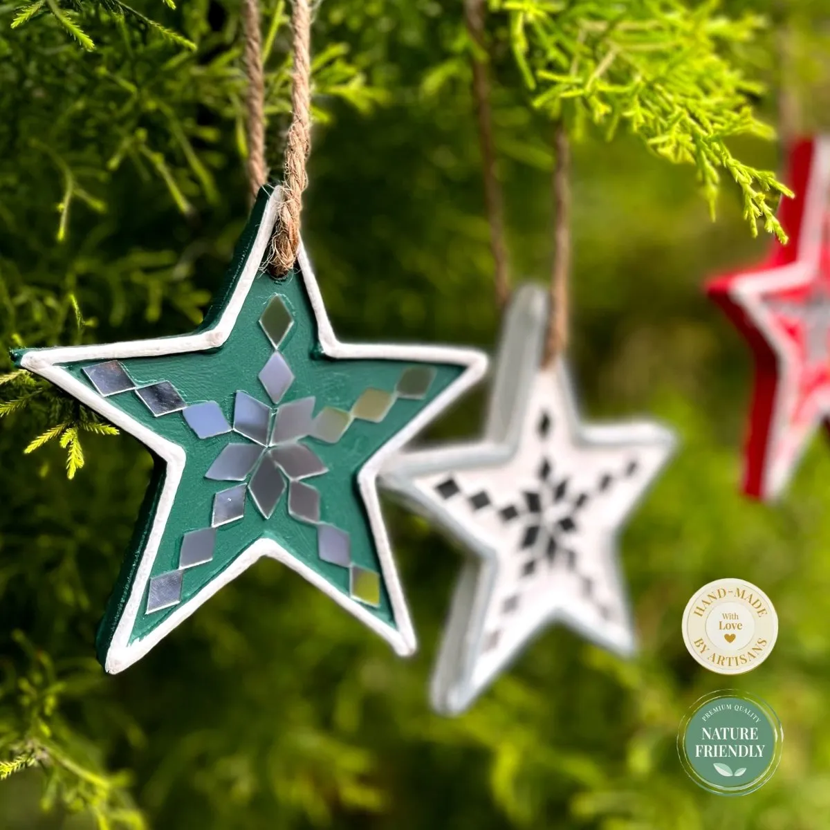 Star Shaped Handcrafted Mud & Mirrors Lippan Christmas Tree Ornaments (Set of 3)