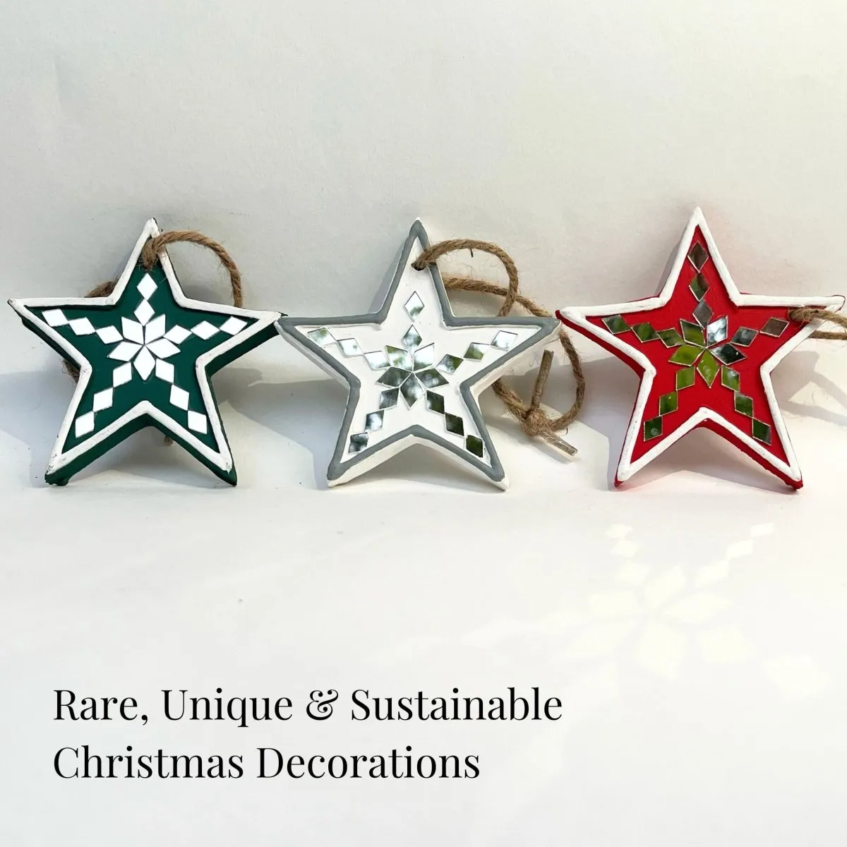 Star Shaped Handcrafted Mud & Mirrors Lippan Christmas Tree Ornaments (Set of 3)